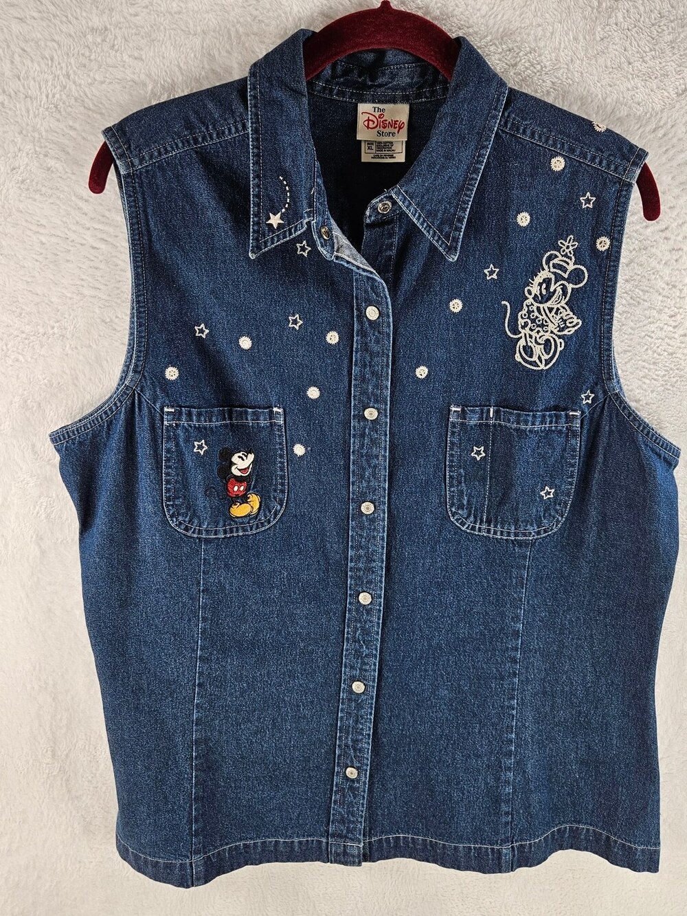 The Disney Store Sleeveless Denim Shirt Vest Mickey Minnie Embroidered Blue